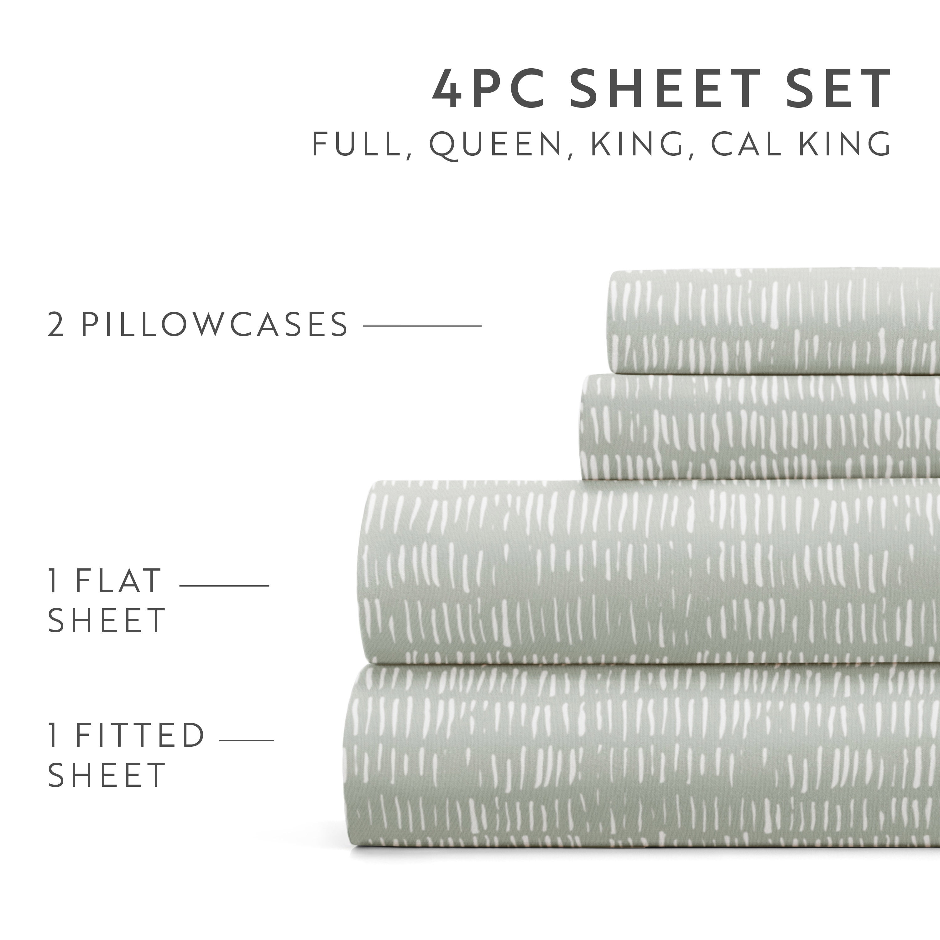 Noble Linens 4 Piece Pattern Microfiber Bed Sheets Set, Dashed Lines Green Mist , Cal King