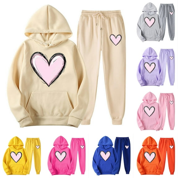 Feancey Women's Hooded Sweat Suits Valentines Day Heart Print Y2K Hoodies and Jogger Pants Teen Girl Casual Tracksuit 2 Piece Outfits with Pockets Beige L