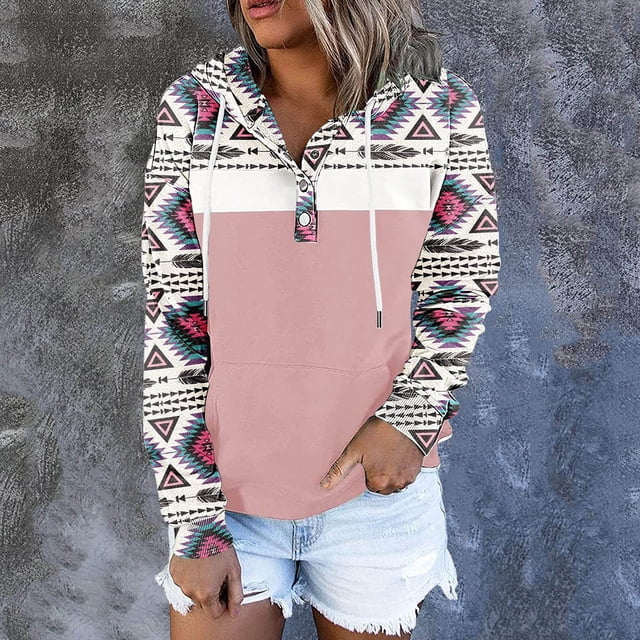 Puntoco Sudaderas con capucha para mujer, sudadera con capucha azteca para mujer, suéter con estampado geométrico, manga larga, cuello de tortuga, camiseta con cordón, sudaderas con bolsillo Puntoco Puntoco-7883