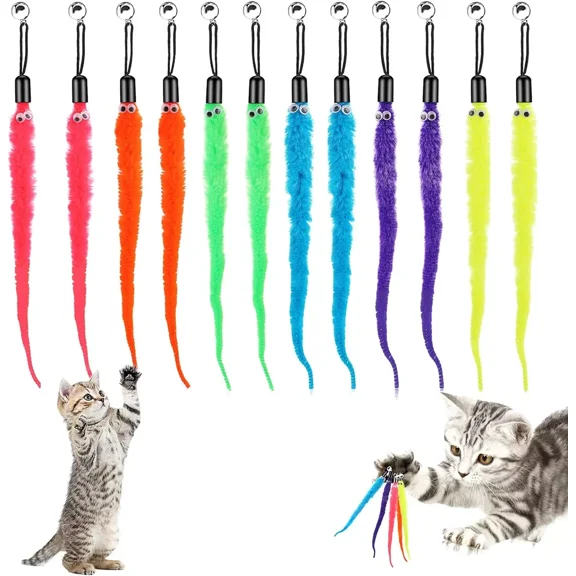 Olurrisa 12 PCS Cat Worm Toy Refills Cat Toys Wand Replacement, Cat Feather Toy Replacement for Cat Wand