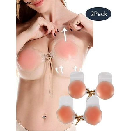 Spencer 2Pack Women s Reusable Self-Adhesive Invisible Bra Backless Strapless Push-up Sticky Breast Petals Lift Nipplecovers with Drawstring  Flower & Round Shape
