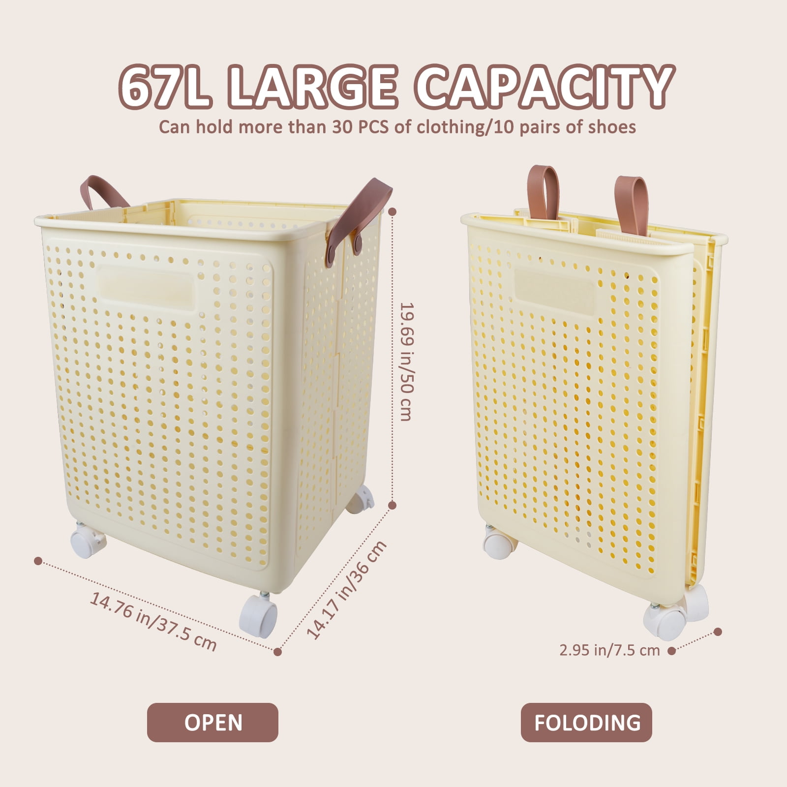 Koomade Large Foldable Wheeled Laundry Hamper with Handles and Ventilated Design