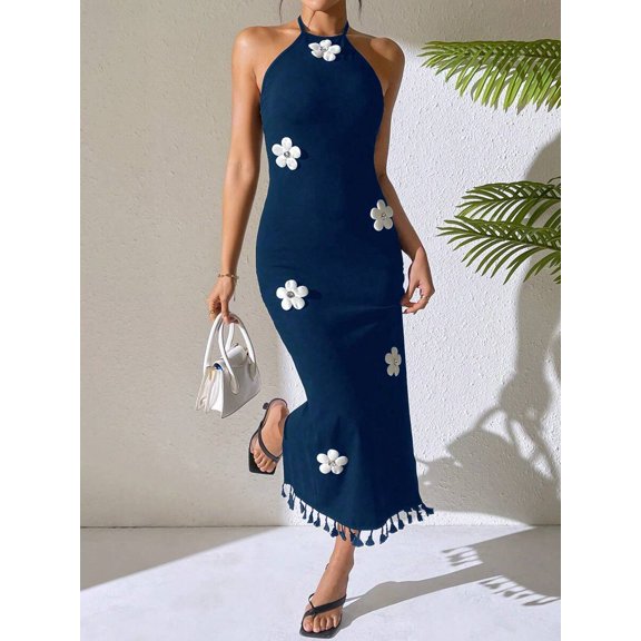 Navy Blue Floral Embellished Halter Neck Fitted Sleeveless Midi Dress With Tassel Hem