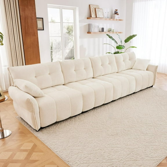 142" Oversized Chenille Modular Sectional Sofa with High-Resilience Memory Foam Cushion, Adjustable Lumbar Support, 4-Seater Upholstered Corner Sofa with 2 Throw Pillows, for Living Room, White