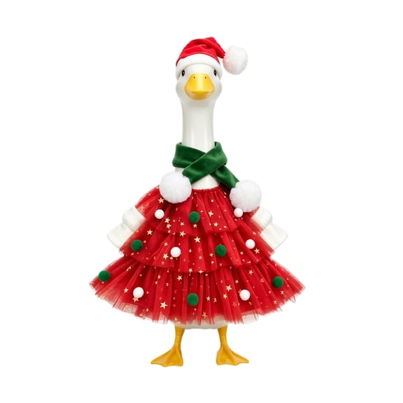 Christmas Porch Goose Outfit, Porch Geese Costume | Christmas Tree Tulle Dress with Santa Hat & Scarf, Decor Clothes for Lawn Goose Statue, Farm Yard Outdoor Christmas Decor, Red