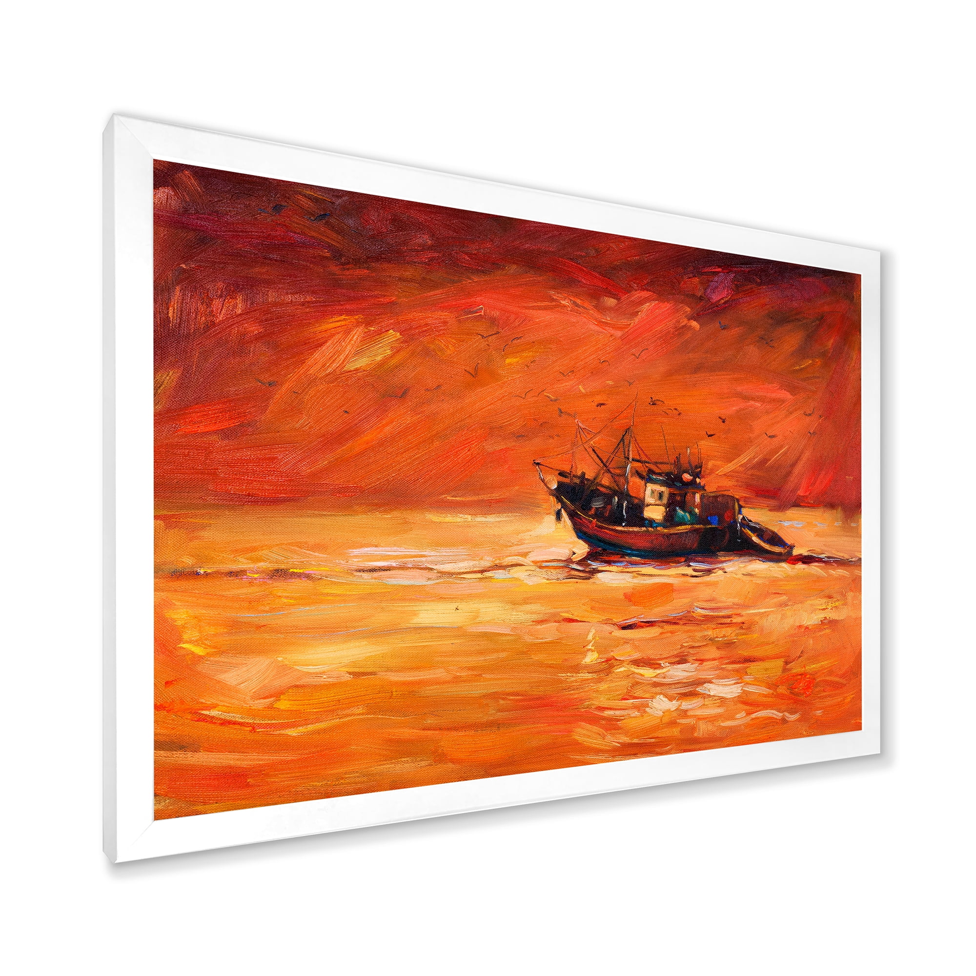 Fishing Boat During Red Evening Glow 32 in x 24 in Framed Painting Canvas Art Print, by Designart