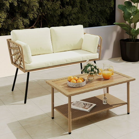 Dextrus 2 Pieces Patio Furniture Set, Wicker Patio Sofa and Loveseat (Beige Cushions & Lumbar Pillows) with Coffee Table
