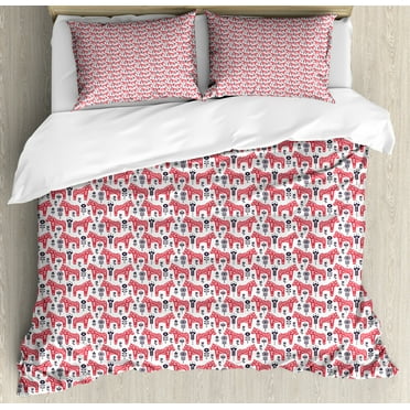 Ethnic Duvet Cover Set King Size, Folk Inspired Swedish Dala Horse with Floral Ornaments Folklore Art, 3 Piece Bedding Set with 2 Pillow Shams, Dark Coral Indigo and White, by Ambesonne