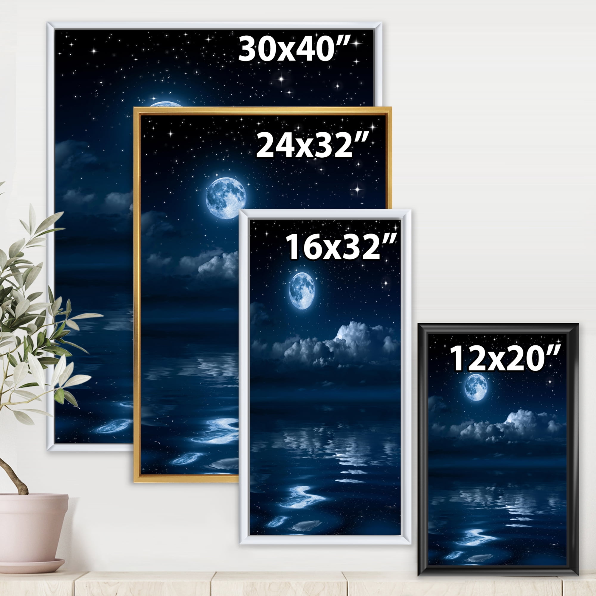 Designart 'Full Moon Night in Cloudy Sky I' Nautical & Coastal Framed Canvas Wall Art Print