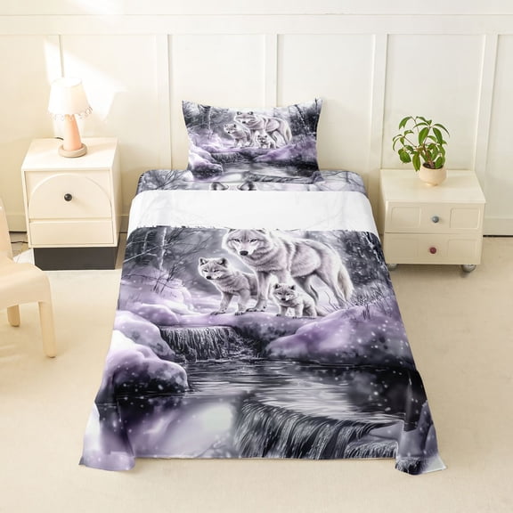 Manfei Vintage Wildlife Twin Sheets,Rustic Wolves Bedding,Gray,3 Pieces,1 Fitted Sheet and 1 Pillowcase
