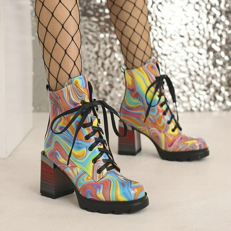 

DAETIROS Work Boots for Women Chunky Heel Short Boots Home Holiday Fashion Thick High Heel Up Ankle Boots Platform Bandage Student Shoes Multicolor Size 7.5