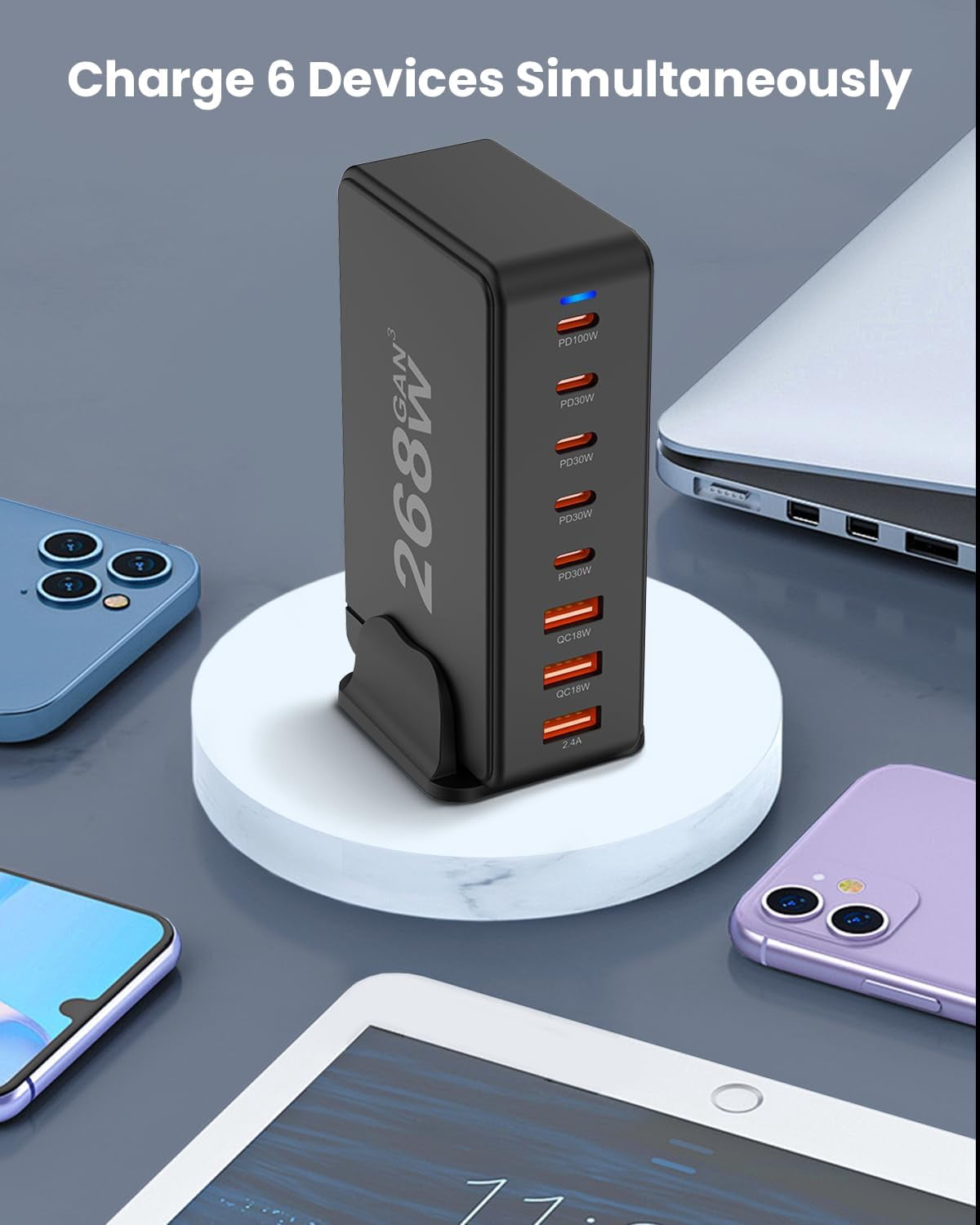 USB C Charger, 268W 8-Port Fast USB C Charging Station with 5 USB-C + 3 USB-A, Portable Multiport USB Charging Block Wall Hub for iPhone 15 14 13 12 iPad Pro MacBook Galaxy Pixel Switch