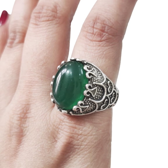 Green Onyx Mans Ring, Natural Green Onyx, December Birthstone, Silver Jewelry, 925 Silver Ring, Birthday Gift, Heavy Mens Ring, Arabic Design, Ottoman Style Ring, Christmas, Turkey Mens Signet Ring