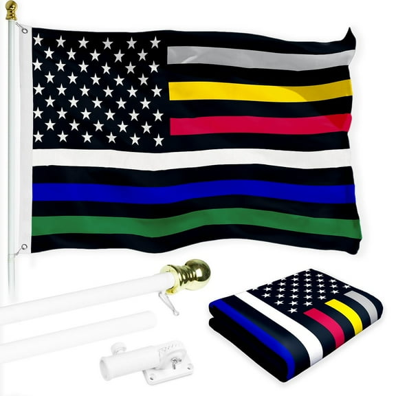 G128 Combo Pack: 6 Ft Tangle Free Spinning Flagpole (White) & Thin Line Civil Services Flag 3x5 Ft Printed 150D Polyester, Brass Grommets (Flag Included) Aluminum Flag Pole