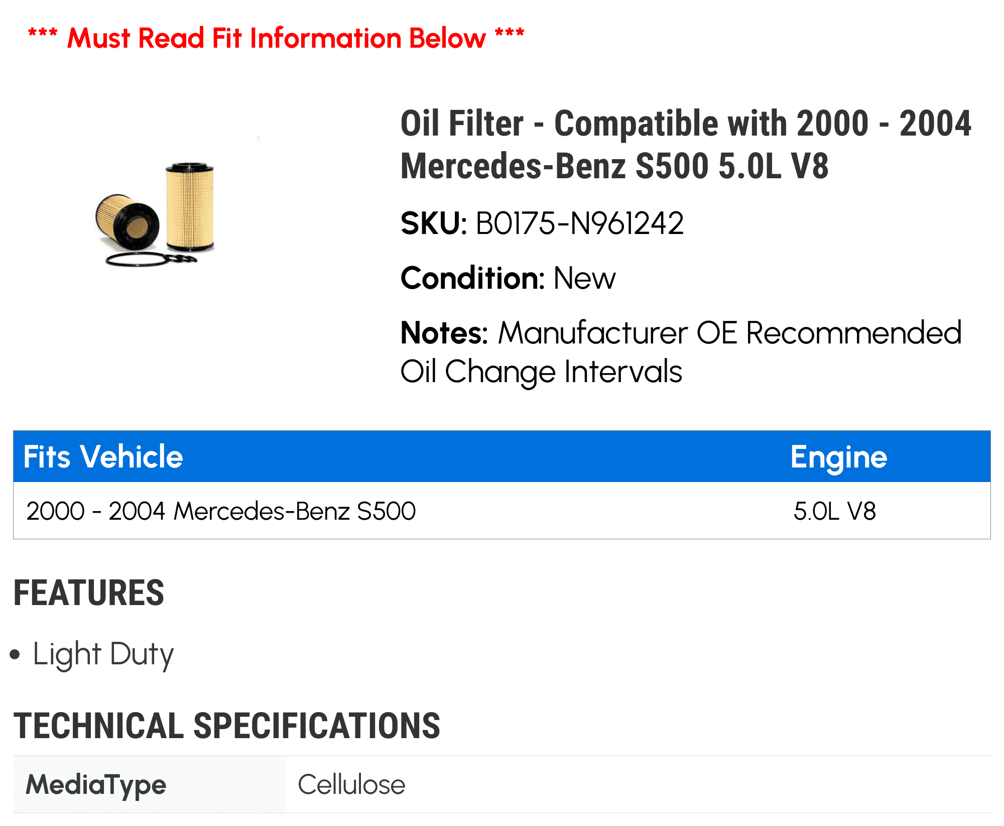 Oil Filter - Compatible with 2000 - 2004 Mercedes-Benz S500 5.0L V8 2001 2002 2003