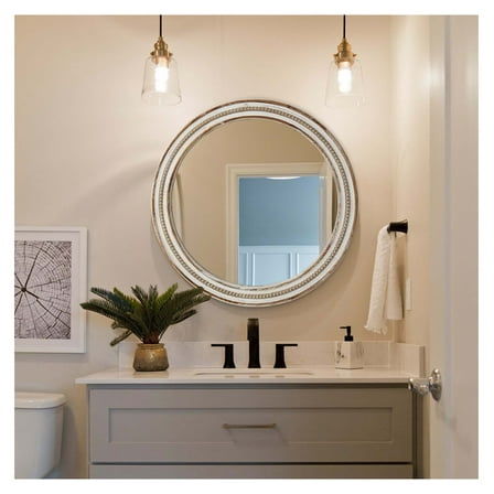 23.62" Wood Round Wall Mirror - Rustic Circle Decorative Mirror for Bedroom, Bathroom, Living Room, Entryway - Farmhouse Style with Beads