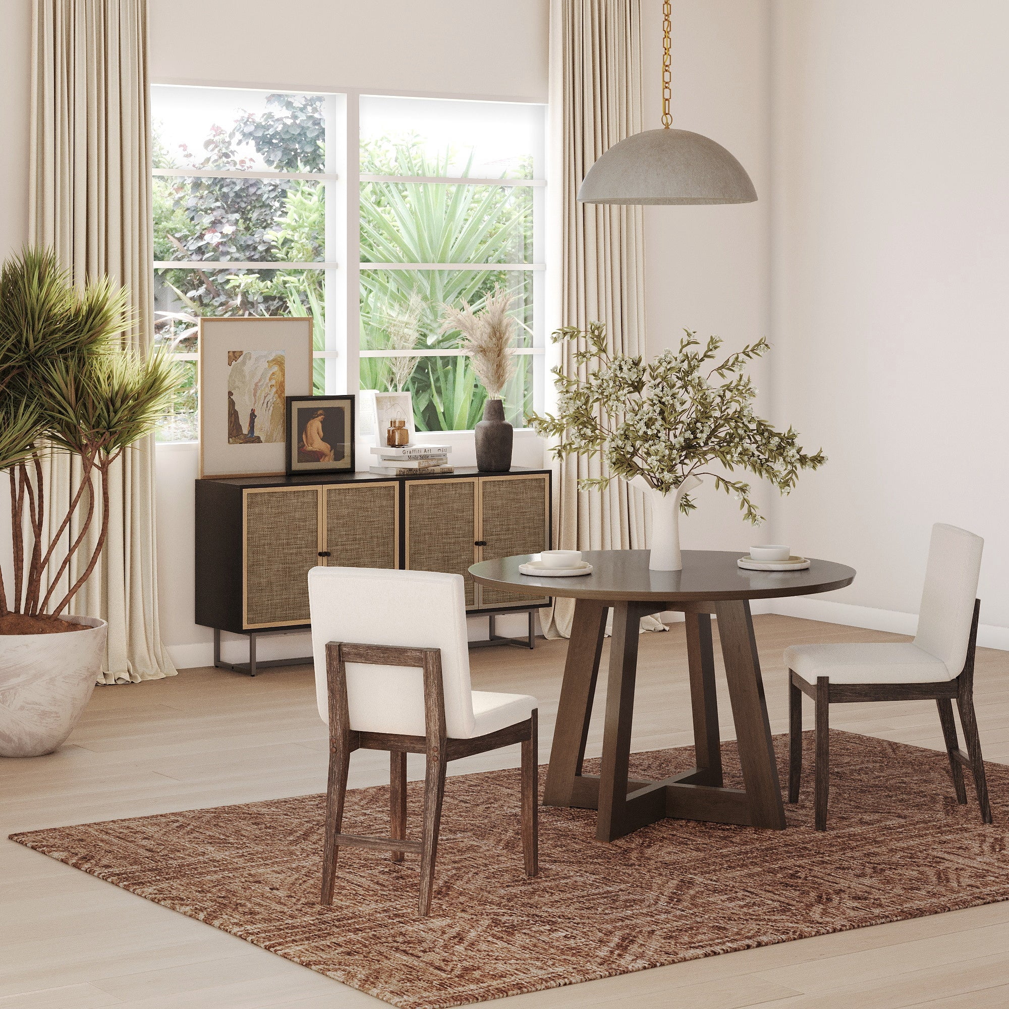 Nathan James Gracie Scandinavian Dining Chair with Cushion, Boucle Dining Chair with Solid Wood Frame, Cream Boucle/Dark Brown, Set of 2
