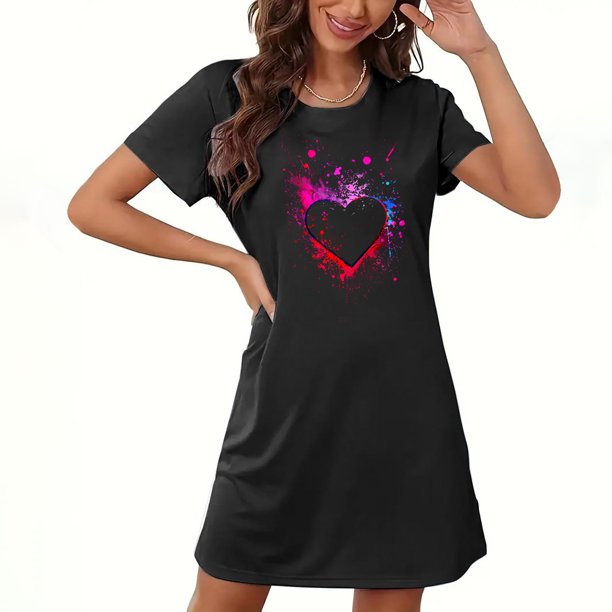 Camisón corto de San Valentín para mujer, talla grande, estampado en el pecho, cuello redondo, manga corta