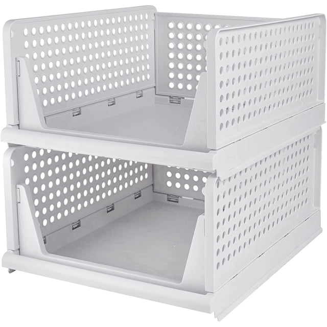 Boîte de Rangement Empilable pour Garde-Robe, Boîtes d'Organisateur d'Étagères de Garde-Robe en Plastique, Se Déplie comme un Tiroir, Convient, Paniers en Plastique Pliables pour la Maison, la Cuisine, la Chambre (Blanc-3L)