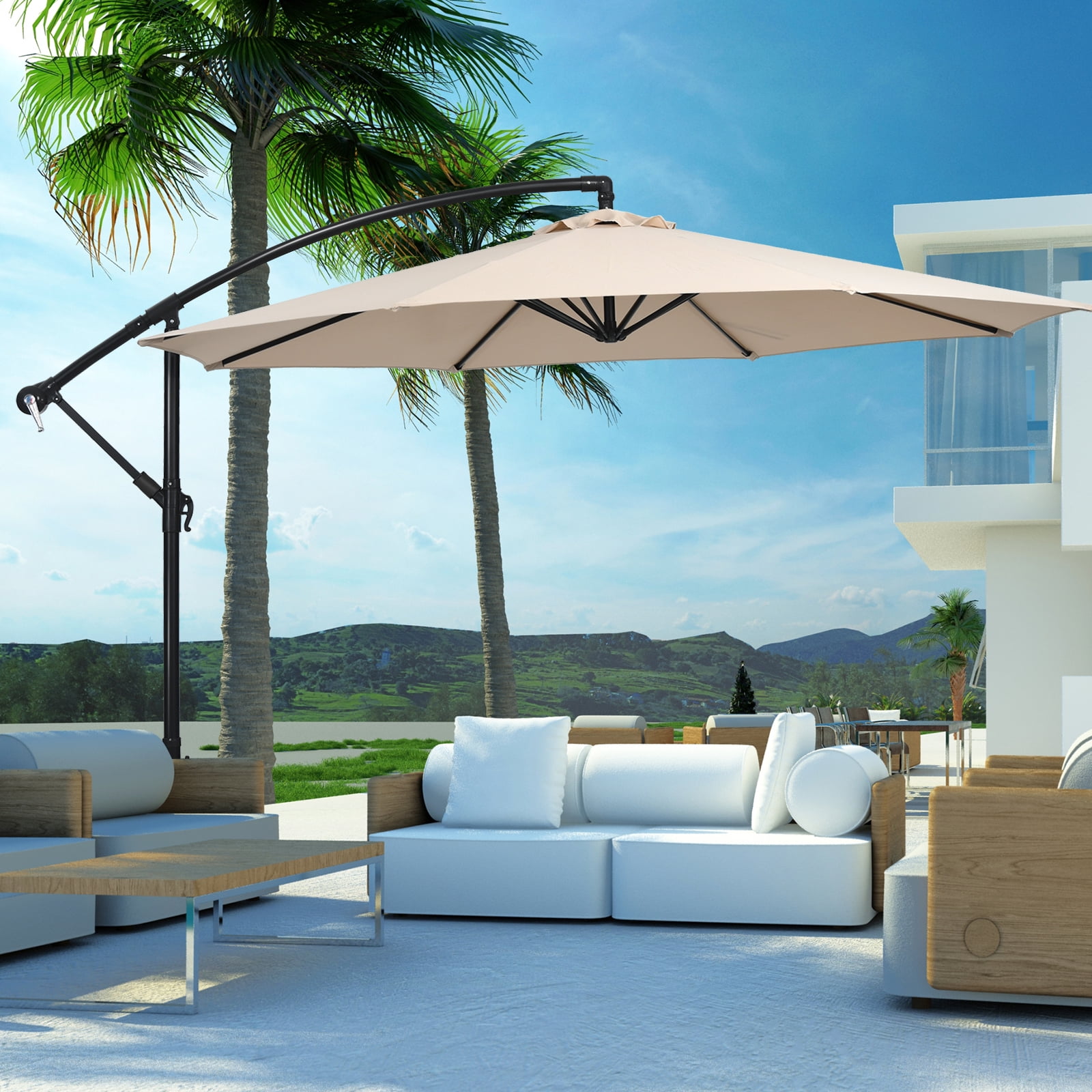 Patiojoy 10FT Patio Offset Umbrella 8 Ribs Cantilever Umbrella w/Crank for Poolside Yard Lawn Garden Beige