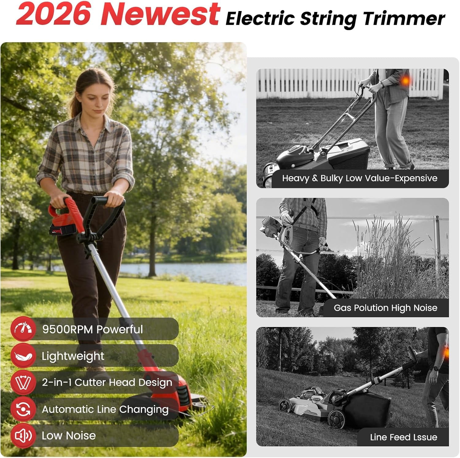 Cordless String Trimmer & Edger, 21V Weed Wacker with 2x4.0Ah Batteries & Fast Charger, 12" Automatic Feed Grass Trimmer, 2-in-1 Electric Weed Eater for Garden Edge Lawn Tool-Red