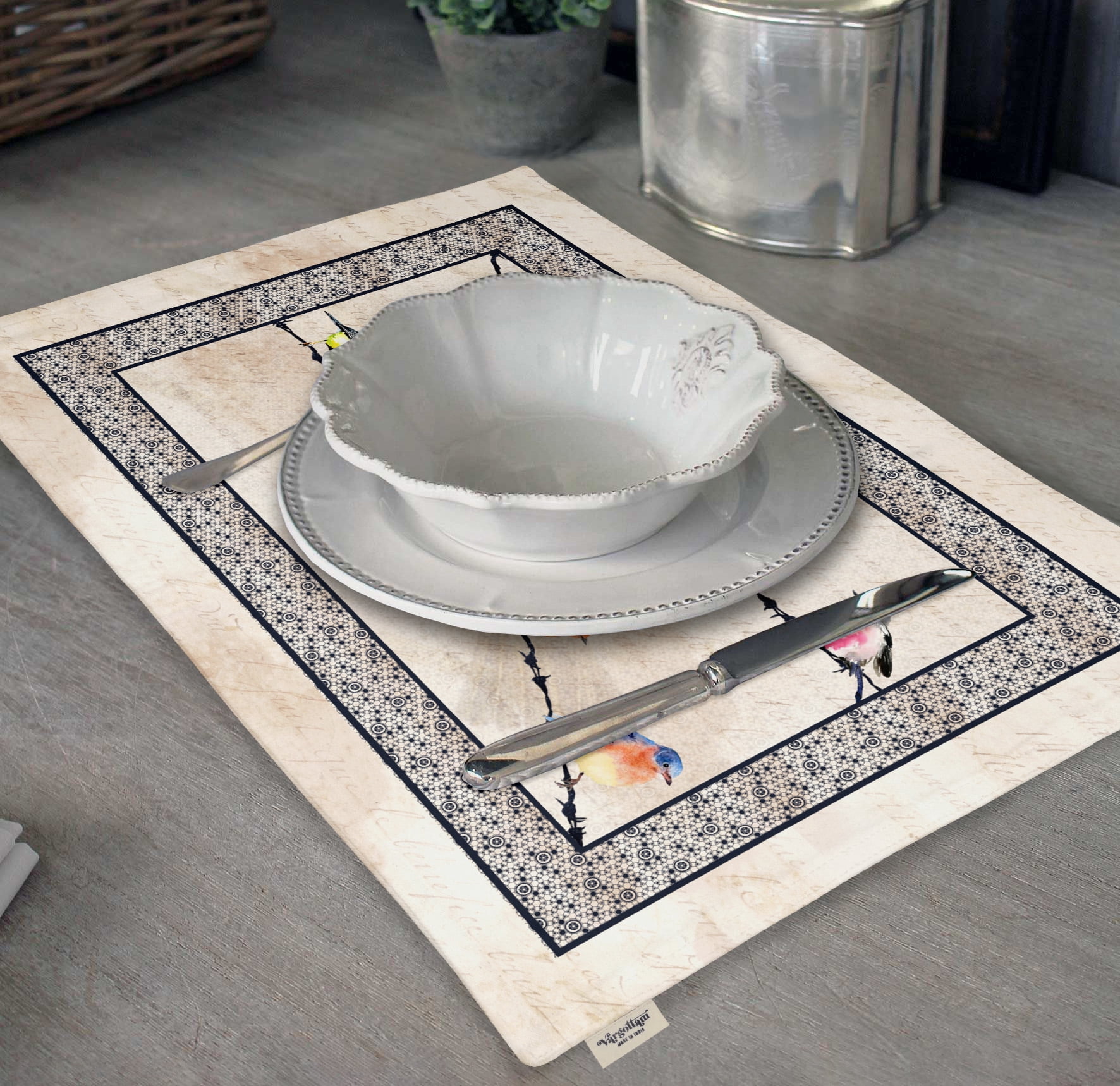 Vargottam Placemats- Placemat For Dining Table, Set Of 4- Printed & Reversible CottonNapkin-IndoorPlacematsFor Home & Kitchen Dining Table- Bird (Beige)