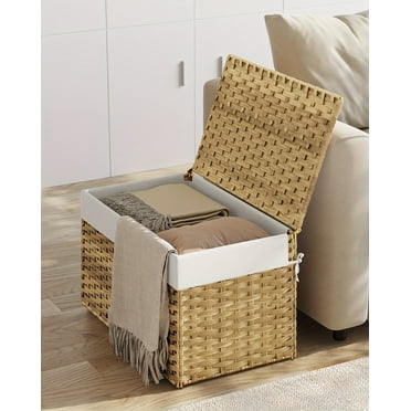 Storage Basket with Lid, 27. 7 Gallon (105L) Storage Bin, Woven Blanket Storage Basket with Handles, Foldable, Removable Liner, Metal Frame, for Bedroom, Laundry Room