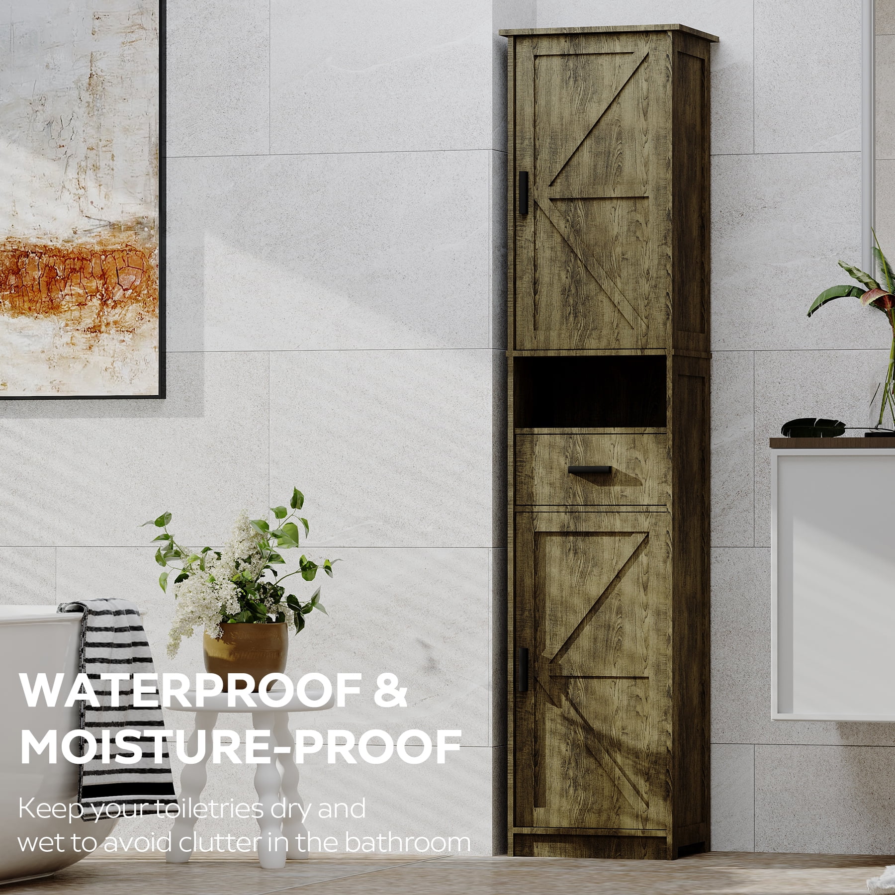 69" Bathroom Cabinet, Modern Floor Tall Cabinet With 1 Drawer, 2 Doors And Adjustable Shelves, Narrow Storage Cabinet For Home, Kitchen, Living Room