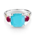 thumbnail image 2 of Gem Stone King 925 Silver and 10K Yellow Gold Green Turquoise and Red Created Ruby 3 Stone Ring for Women (3.50 Cttw, Gemstone Birthstone, Cushion 10MM, Round 4MM, Size 6), 2 of 3