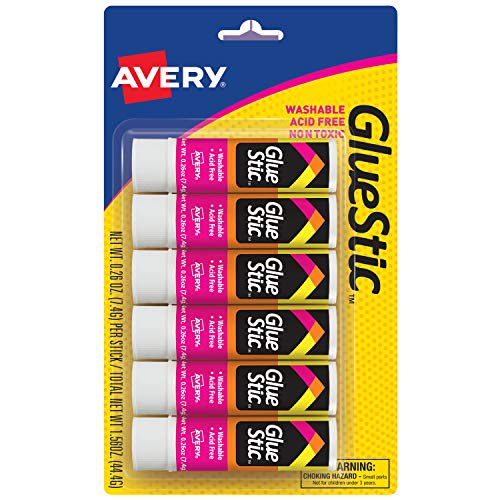 Avery Glue Stick White, 0.26 oz., Washable, Nontoxic, Permanent Glue, 6