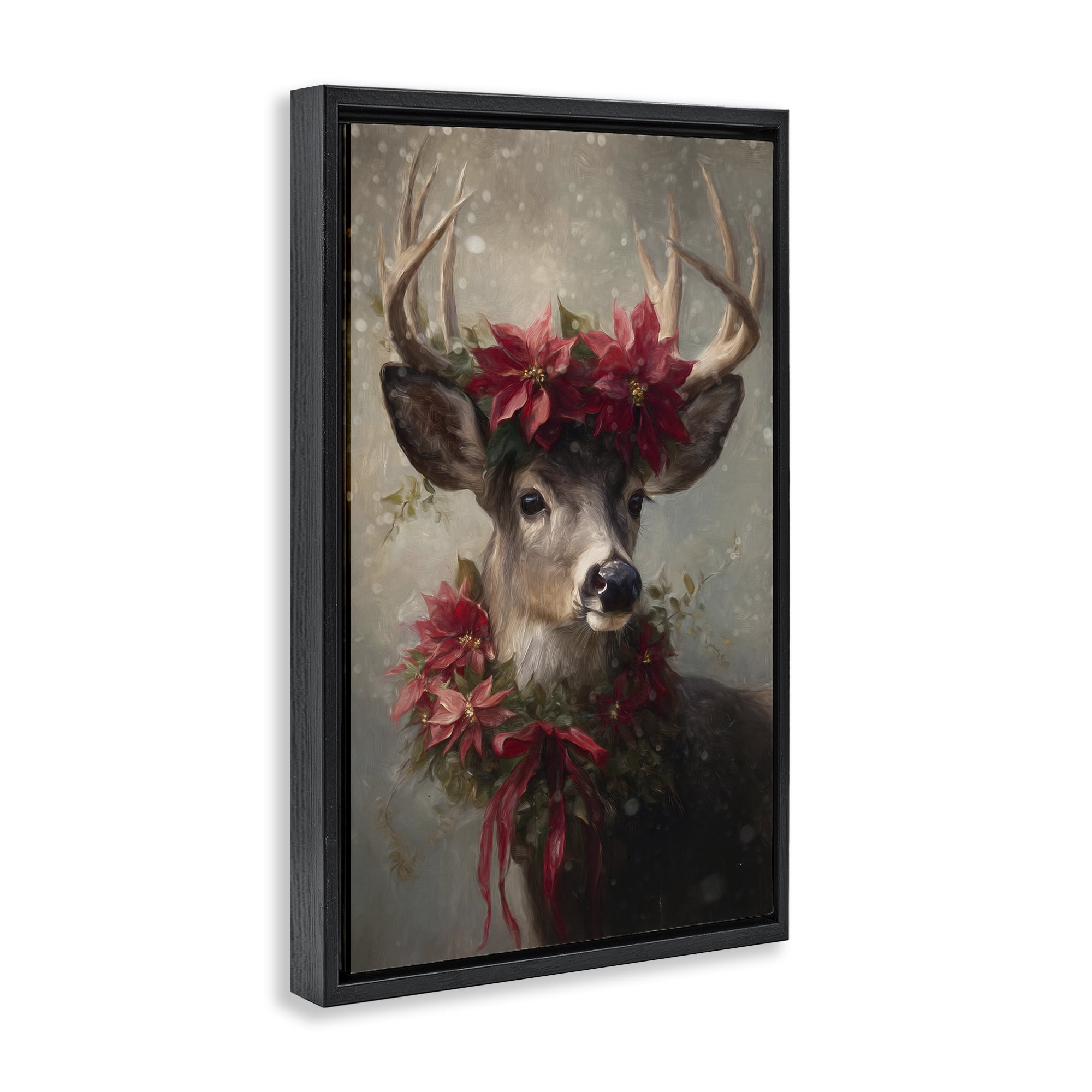 Stupell Industries Poinsettia Christmas Deer Black Framed Floater Canvas Wall Art, design by Tina LeCour