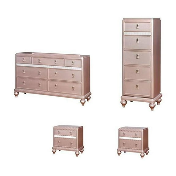 Home Square Set of 4 2 Nightstands, Swivel Chest and Dresser in Rose Gold