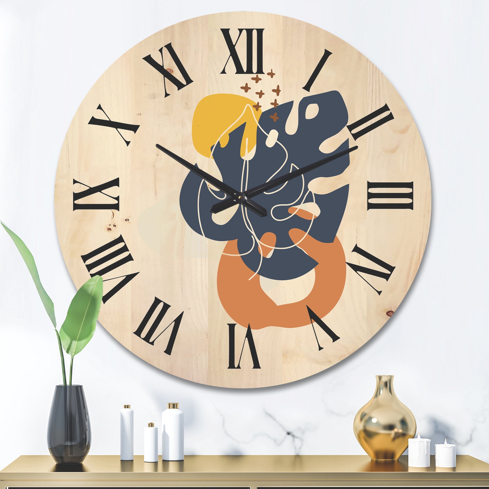 Designart 'Abstract Minimal Shapes Under Flowers IX' Modern Wood Wall Clock