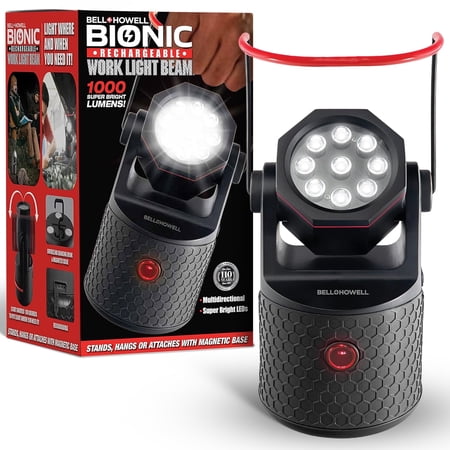 Bell + Howell Rechargeable Work Light, 2 in 1 LED Flashlight, Battery Operated Lights With Magnetic Base, Camping Light, Emergency Power Failure, 360° Rotating 1000L, Portable W/ Hanging Hook & Stand