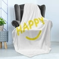thumbnail image 4 of Yellow and White Soft Flannel Fleece Blanket, Happy Word with a Smiling Mouth Flat Design Illustration Joyous Mood, Cozy Plush for Indoor and Outdoor Use, 60" x 80", Yellow and White, by Ambesonne, 4 of 5