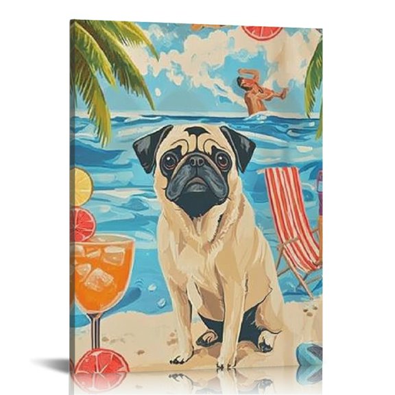 Creowell Pug Dog Beach Canvas Print Wall Art Home Decor 12x16 12x16in