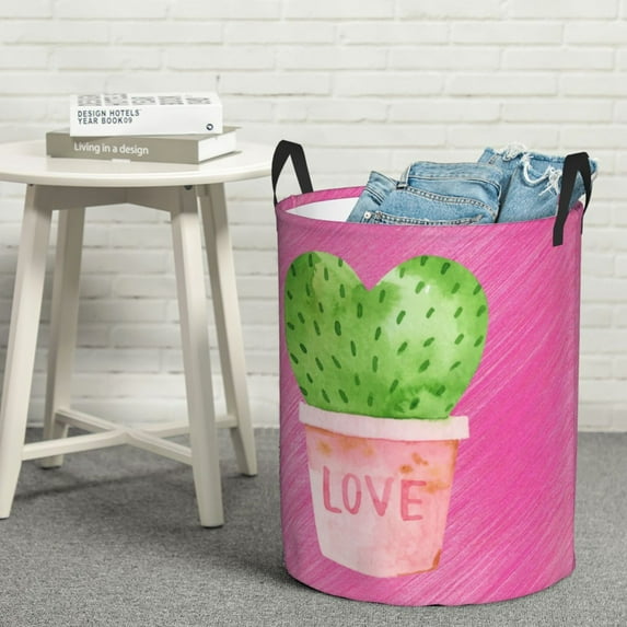 YFYANG Waterproof Laundry Hamper, Watercolor Love Cactus Laundry Basket Oxford Fabric with Handle Foldable, S