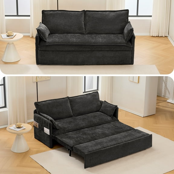 59.5" Chenille Pull-Out Sofa Bed with Side Storage & USB/C-Type Charging - Comfortable 2-in-1 Sleeper Couch for Living Room, Apartment, Black