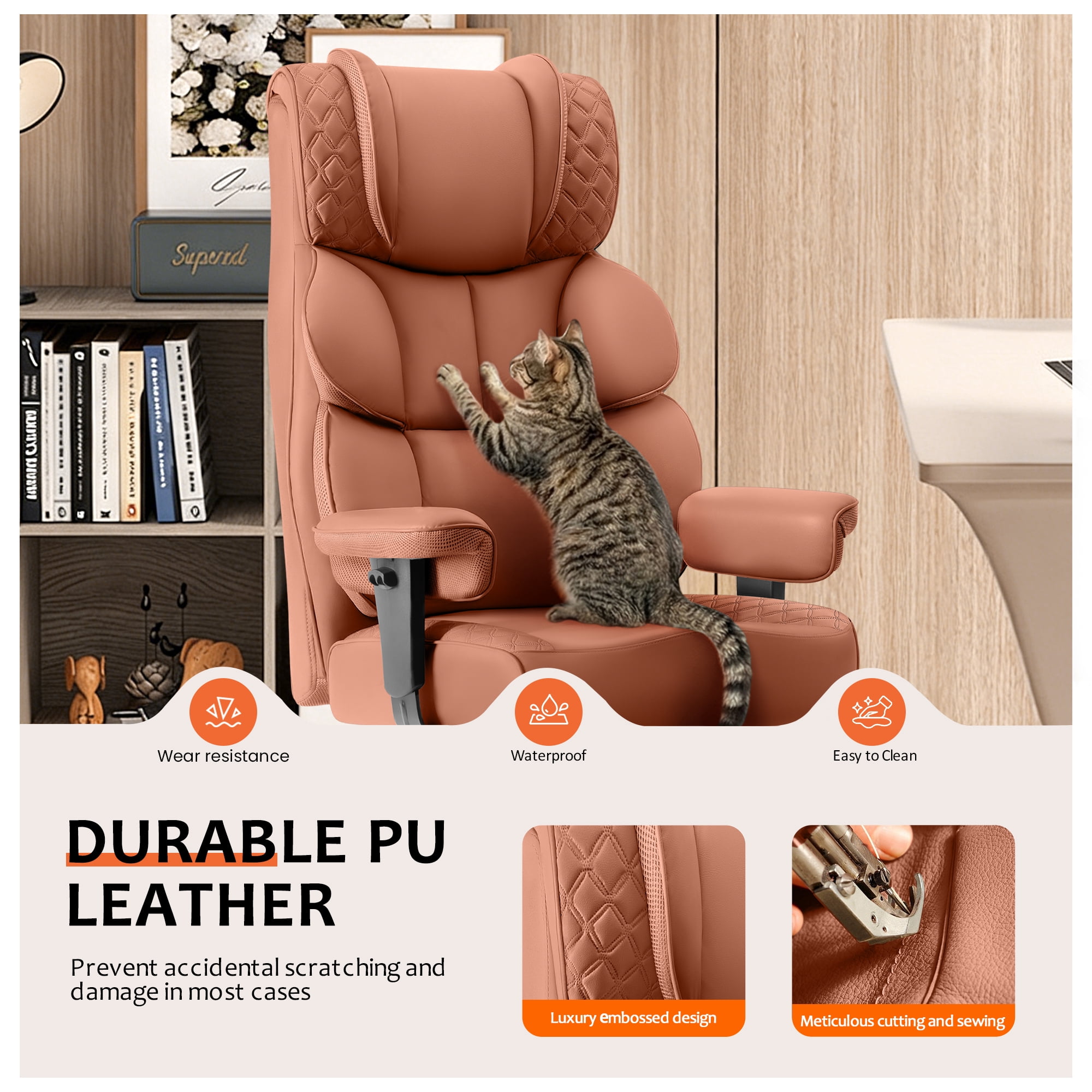 FASTES Office Chair, Big and Tall Desk Chairs with Footrest 400lbs Gaming Chair Ergonomic Executive High-Back Reclining Computer Chair Swivel Wheels and Padded Lumbar Support, Brown