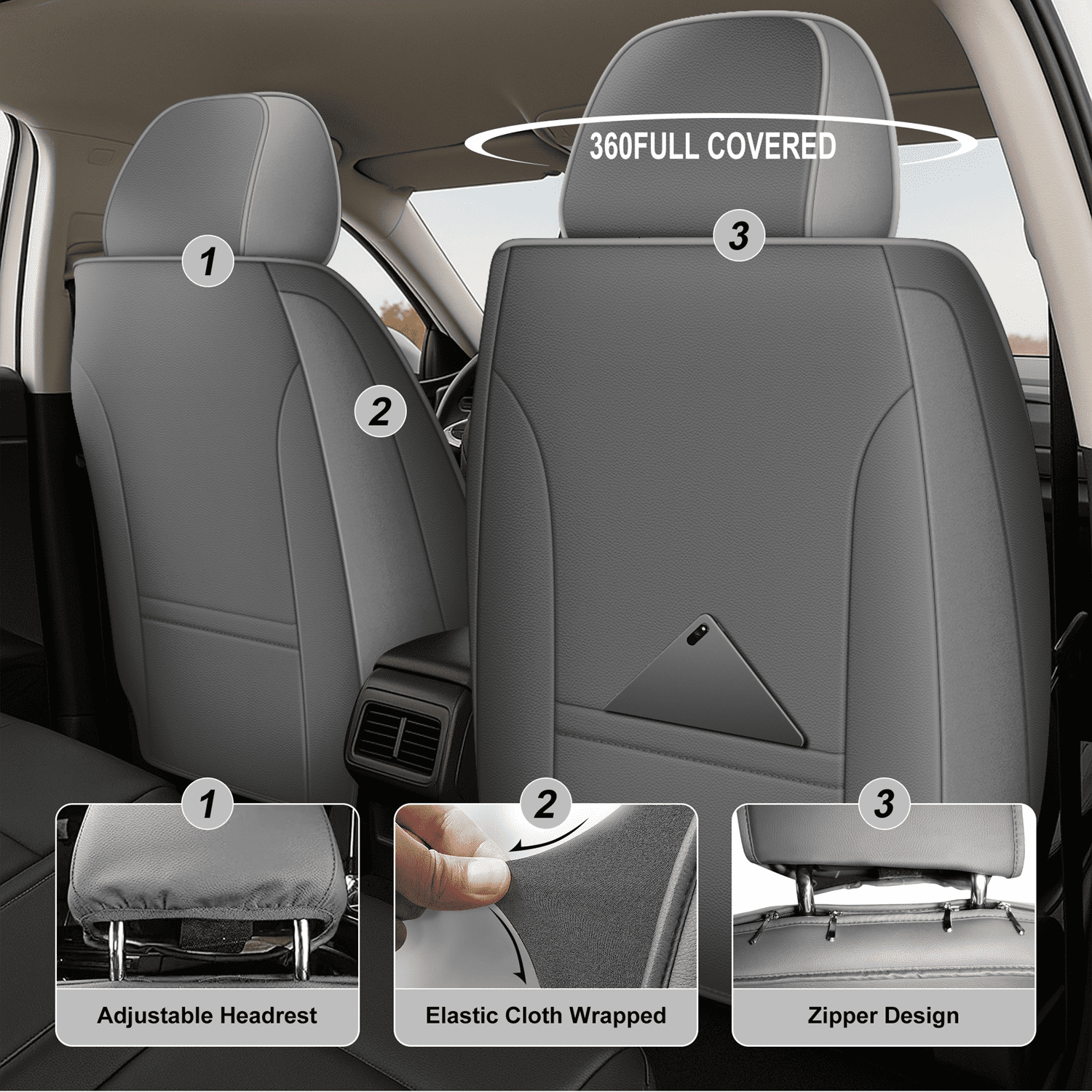 DIKSOAKR Seat Covers Full Set for Acura MDX 2004-2024 2025 Faux Leather Waterproof Comfort Car Seat Covers Lumbar Support Compatible Airbag Grey,Full Set(2 Row 5 Seats)