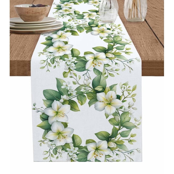 Watercolor Floral Wreath Table Runner 36 Inches, Spring Botanical Blooms Bed Runner Dresser Scarves Tabletop for Indoor Outdoor Parties/Ceremony/Banquet, 13"x 36"