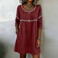 thumbnail image 4 of Ayolanni Summer Dresses for Women Crew Neck Solid Fashion 3/4 Sleeve Midi Shift Dress Patchwork Casual Going Out Daily Wear Cotton Sundress with Pockets Red L, 4 of 5