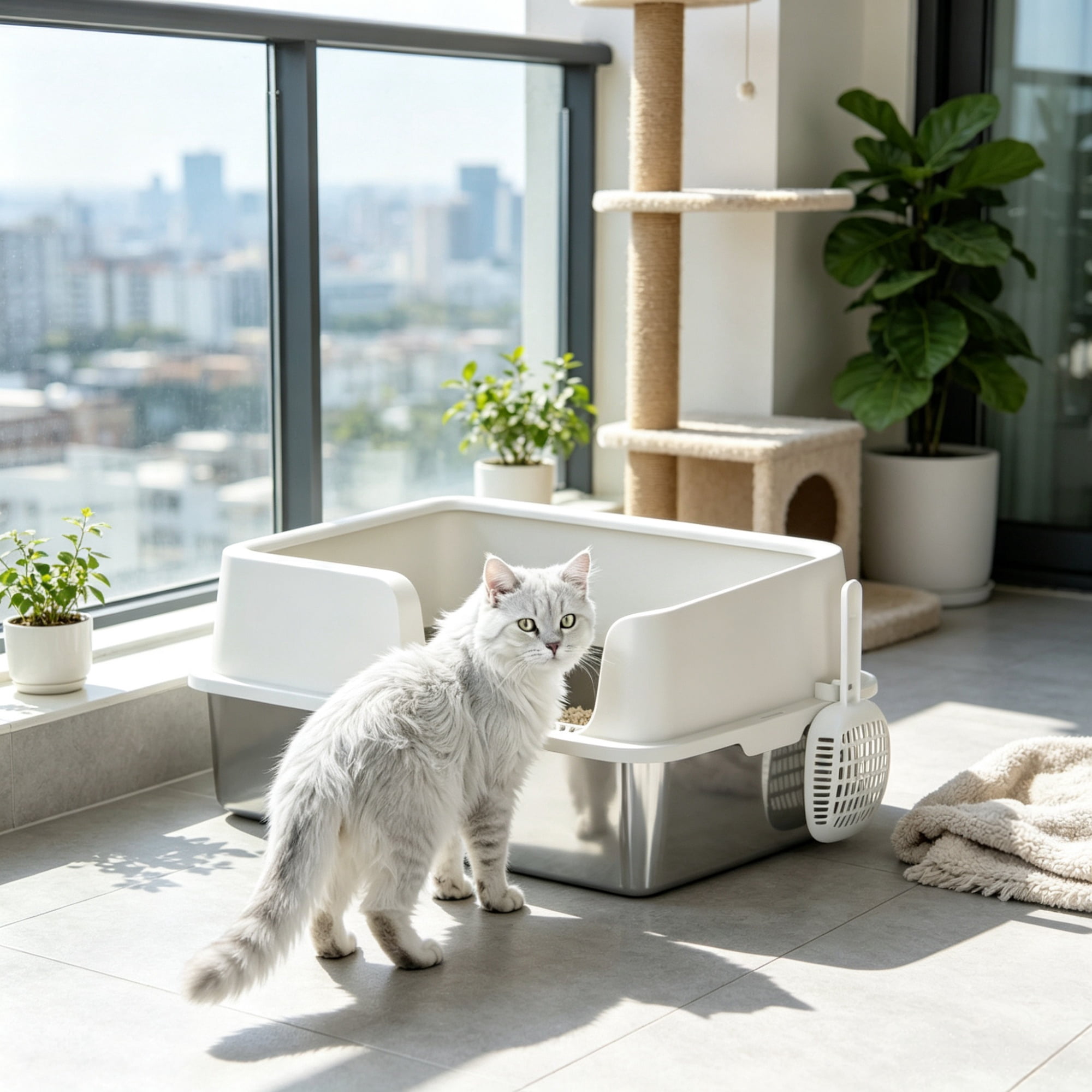 Light Gray Stainless Steel Litter Box, High Side, Scoop Included, Easy Cleaning & Anti-Urine Leakage for Big Cats