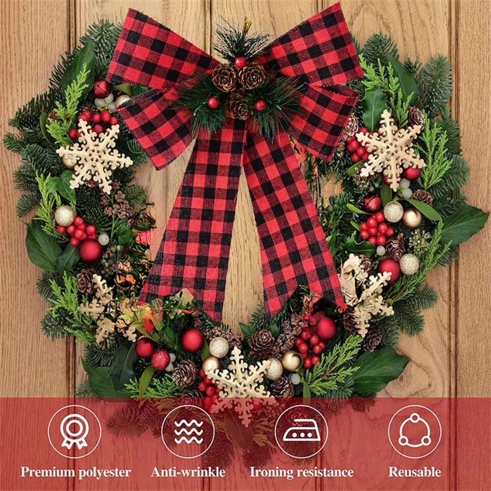9*12 inch, Large Velvet Christmas Tree Bows, Christmas Bows with Pine Cones Pine Needles, Large Christmas Bows for Tree Wreath Stairs Railing Fireplace Indoor Decor