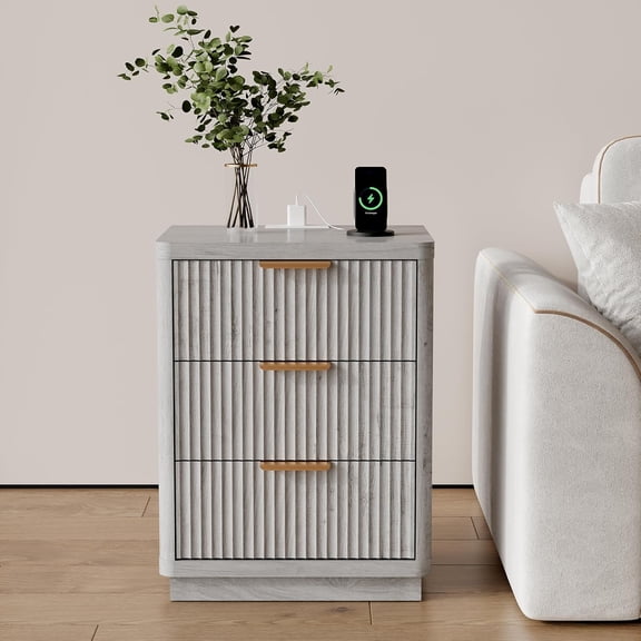 3-Drawer Nightstand with Charging Station Mid-Century Modern Fluted Bedside Table