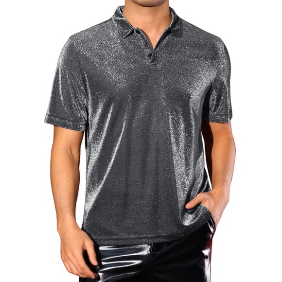 Camisetas Polo Brillantes INSPIRE CHIC para hombres, Tops Brillantes de Manga Corta, Polo Metálico Disco XL Plata