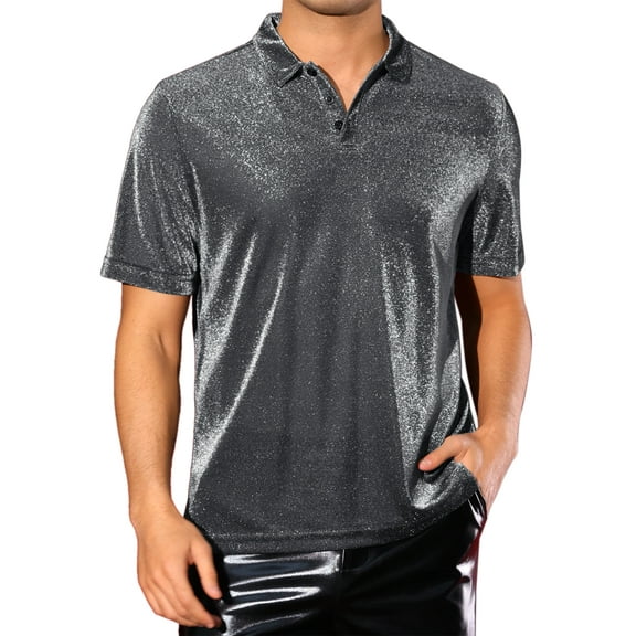 INSPIRE CHIC Glitter Polo Shirts for Men's Shiny Tops Short Sleeve Disco Metallic Polo S Silver