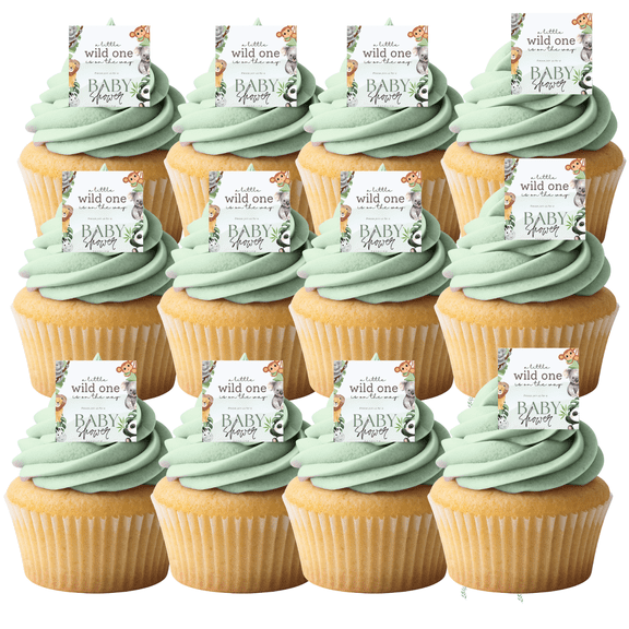 A Little Wild One Is On The Way Cupcake Picks â€“ 24 Edible Wafer Paper Decorations | Green Baby Shower Dessert Toppers