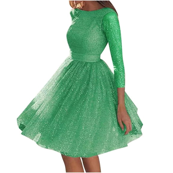 Efsteb Fall Fashion 2025 Sparkling Dress For Women Crew Neck Sequin Dress High Waisted Layered Mesh Cocktail Dresses (Green,XL)
