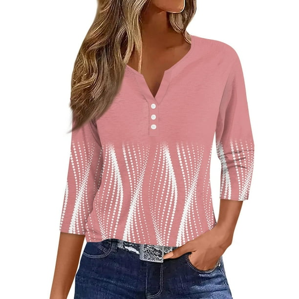 CHOII 50% de descuento en camisetas de mujer 2024. Camiseta de mujer con estampado de botones, manga 3/4, para uso diario, fin de semana, básica, cuello en V, blusas de mujer, mangas tres cuartos,